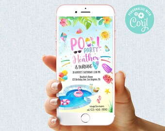 Swimming Pool Party Birthday Invitation Girl Digital Mobile Phone Electronic Email SMS Invite Summer Outdoor Party Editable Template Corjl
