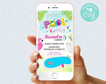 Swimming Pool Party Birthday Invitation Girl Digital Mobile Phone Electronic Email SMS Invite Summer Outdoor Party Editable Template Corjl