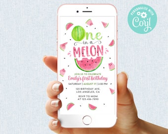One in a Melon Invitation Girl First Birthday Watermelon Party Invite Summer Digital Mobile Phone Electronic Email SMS Editable Template