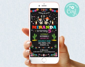 May include: A smartphone screen shows a vibrant invitation for a 5th birthday party, themed around the Day of the Dead. The design includes skeleton figures, cacti, and floral elements, with the text "EDIT, DOWNLOAD & TEXT TODAY!"