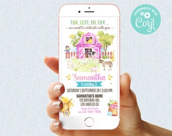 Farm Birthday Invitation Boy Barn Party Digital Mobile Phone Electronic Email SMS Evite Farm Animals Barnyard Invite Editable Template Corjl