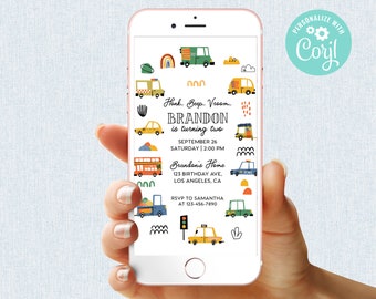 Transportation Birthday Party Invitation Boy Digital Mobile Phone Electronic Email SMS Evite Transportation Invite Editable Template
