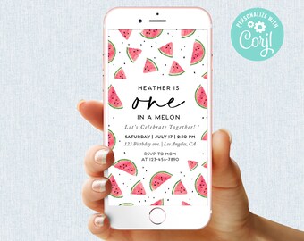 One in a Melon Invitation Girl First Birthday Watermelon Party Invite Summer Digital Mobile Phone Electronic Email SMS Editable Template
