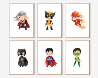 Lindo bebé superhéroe vivero pared arte impresiones niño habitación decoración cartel conjunto lienzo enmarcado niños sala de juegos carteles imprimible descarga digital