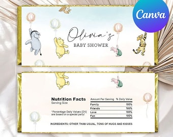 Baby Shower Chocolate Wrapper Classic Winnie the Pooh Decoration Piglet Tigger Balloons Decor Hershey Bar Labels Editable Template Printable