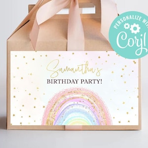 Rainbow Birthday Gable Box Labels Girl Gold Stars Pink Pastel Rainbow of Fun Party Favor Box Sticker Digital Printable Editable Template