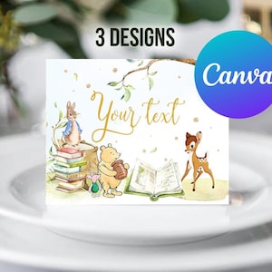 Een nieuw hoofdstuk Babyshower Voedseletiket Afdrukbaar sprookjesboek Dieren tafelkaart Voedsel Tentkaart Decor van de verjaardagsfeestje bewerkbare sjabloon