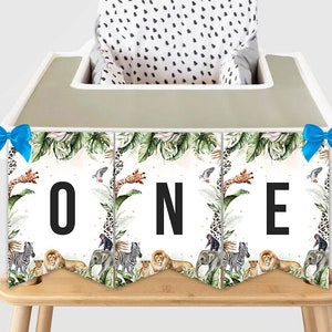Printable High Chair ONE Birthday Banner First Birthday Decorations Wild One Jungle Greenery Safari Animals Party Tiger Elephant Digital