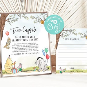 First Birthday Time Capsule Boy Classic Winnie the Pooh Matching Note Cards Piglet Eeyore Digital Printable Editable Decoration Template
