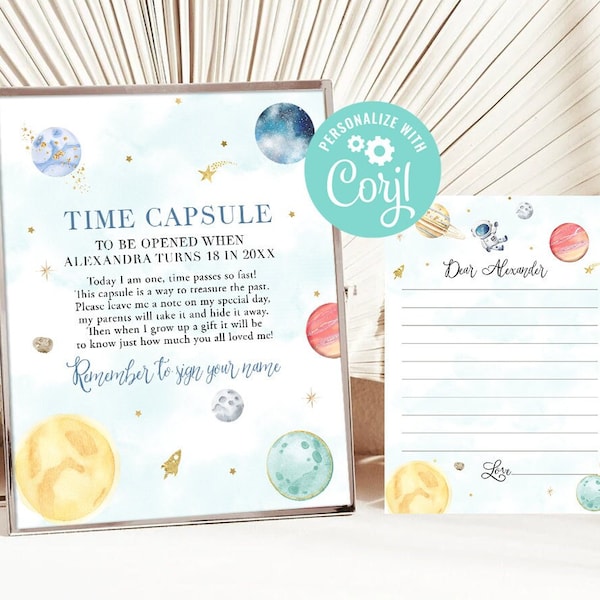 Outer Space First Birthday Time Capsule Boy First Trip Around the Sun Matching Note Cards Astronaut Digital Printable Editable Template