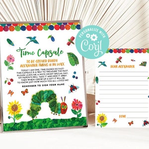 Very Hungry Caterpillar First Birthday Time Capsule with Matching Note Cards Birthday Party Decoration Digital Printable Editable Template