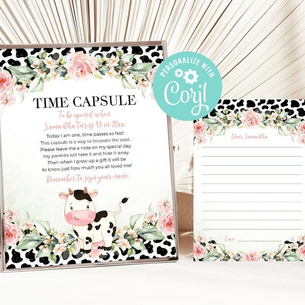 Cow First Birthday Girl Time Capsule Holy Cow I'm One Matching Note Cards Pink Floral Greenery Farm Girl Digital Printable Editable Template