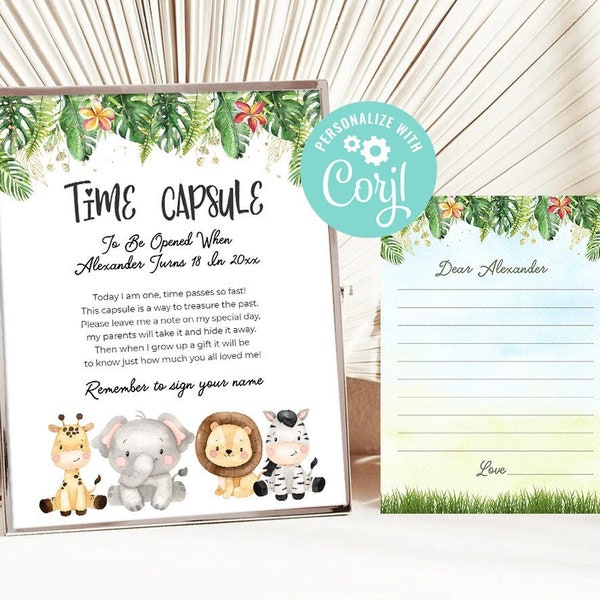 Safari First Birthday Time Capsule Boy Calling All Party Animals Matching Note Cards Wild Jungle Animals Digital Printable Editable Template