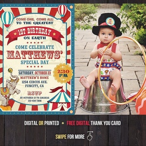 Carnival First Birthday Invitation Boy Photo Picture Circus Birthday Party Invite Outdoor Summer Thank You Card Digital or Printed Invites