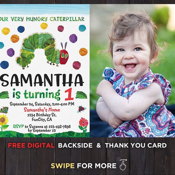 10 Personalized Very Hungry Caterpillar Thank You Cards - Custom Photo, Kids Birthday, Party Favors