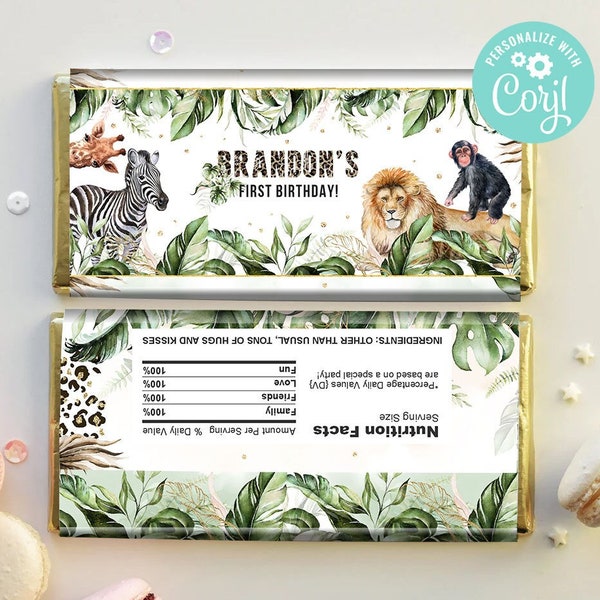 Wild One First Birthday Chocolate Wrapper Jungle Greenery Safari Animals Party Giraffe Monkey Hershey Bar Labels Editable Template Printable