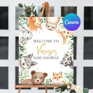 Baby Shower Welcome Sign Baby on the Way Forest Greenery Woodland Animals Fox Raccoon Welcome Outdoor Yard Sign Editable Template Printable