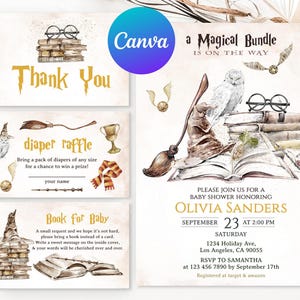 Invitación para baby shower de mago Un paquete mágico está en camino Escuela de magia Imprimible Editable Gracias Sorteo de pañales Libro Solicitud Tarjeta Canva