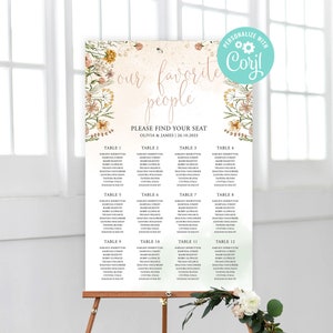 Bruiloft zitplaatsen grafiek sjabloon afdrukbare 12 tafels plan bewerkbare digitale download of afgedrukte wilde bloemen bloemen Boho tuin land Corjl