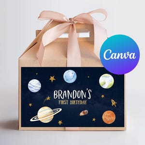 Outer Space First Birthday Boy Gable Box Labels Rocket First Trip Around the Sun Favor Box Sticker Digital Printable Editable Template