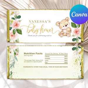 We Can Bearly Wait Baby Shower Chocolate Wrapper Teddy Bear Floral Greenery Gold Cute Cub Hershey Bar Labels Editable Template Printable
