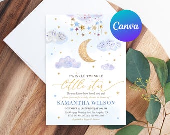 Puede incluir: Una invitación a un baby shower con temática celestial. El diseño presenta una luna creciente dorada con purpurina, estrellas y nubes de acuarela en tonos azules y morados. El texto dice "Twinkle Twinkle Little Star" e incluye detalles del evento.