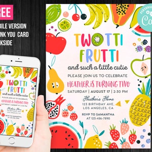 Twotti Frutti Birthday Invitation Girl Printable 2nd Second Birthday Tropical Summer Editable Template Instant Download Digital Printed