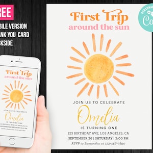 First Trip Around the Sun Birthday Invitation Download My Sunshine Is Turning One Thank You Card Invite Editable Template Digital Printed