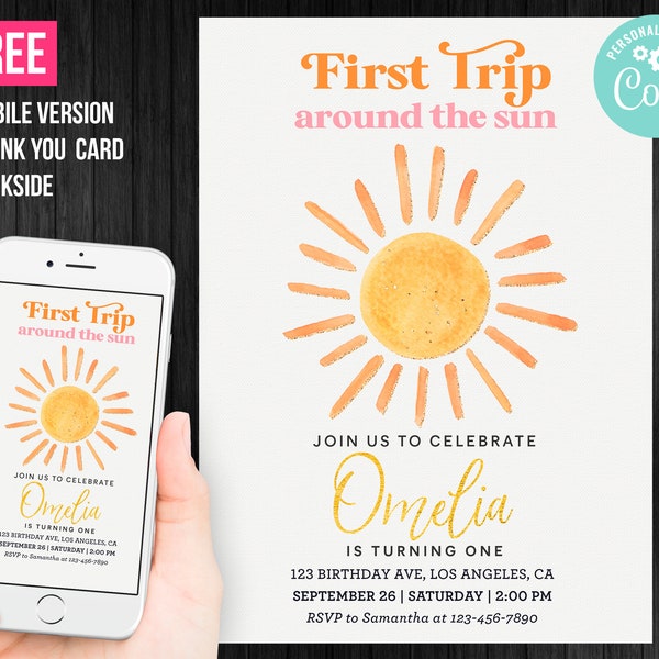 First Trip Around the Sun Birthday Invitation Download My Sunshine Is Turning One Thank You Card Invite Editable Template Digital Printed