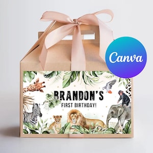 Wild One Geburtstags-Giebel Box Etiketten Dschungel Greenery Safari Tiere Party Favor Box Aufkleber Zebra Digital druckbare bearbeitbare Vorlage