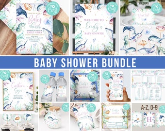 Unterwasser Baby Shower Party Dekorationen Bundle Ozean Tiere Delfin Einladung Digital Editierbare Banner Vorlage Printable Danke