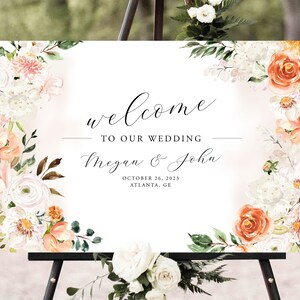 Bridal Shower Welcome Sign Wedding Editable Template Digital or Printed Custom Pink Orange White Flowers Summer Bright Colorful Floral Corjl