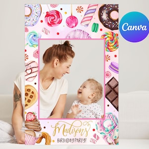 Dulce fotomatón de cumpleaños con decoración de dulces de Candy Land, marco de fotos de celebración, donut, cupcake, piruleta, plantilla digital editable para imprimir