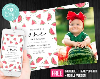 One in a Melon Invitation Girl Printable First Birthday Watermelon ...