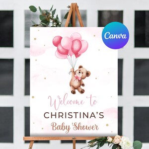 Baby Shower Girl Welcome Sign Teddy Bear Balloon We Can Bearly Wait Pink Balloons Welcome Outdoor Yard Sign  Editable Template Printable