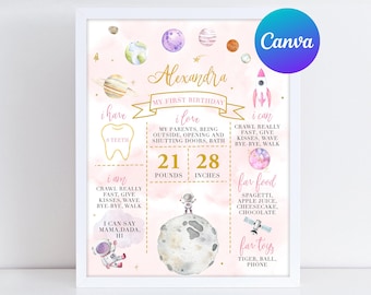 Outer Space First Birthday Milestone Board Girl Astronaut First Trip Around the Sun Moon Milestone Sign Digital Printable Editable Template
