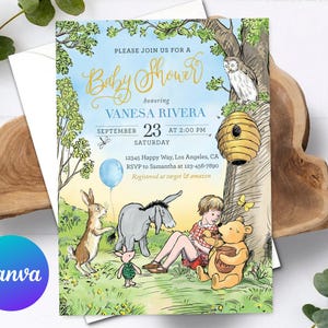 Classic Winnie the Pooh Baby Shower Invitation Piglet Eeyore Invite Printable Editable Template Digital or Printed Invites