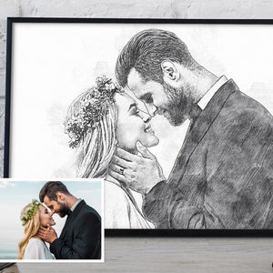 Retrato a lápiz personalizado a partir de una foto. Impresión digital. Regalo personalizado para el Día del Padre. Dibujo de pareja. Boceto. Retrato fotográfico de boda. Inauguración de la casa.