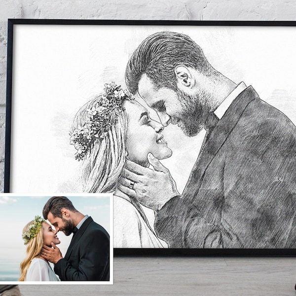 Benutzerdefiniertes Bleistiftportrait vom Foto Digitaldruck, personalisiertes Muttertagsgeschenk, Paarzeichnung, Skizze, Hochzeit, Fotoportrait, Einweihungsfeier