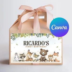 May include: A tan gift box tied with a light pink ribbon. The box has a label with the text "Ricardo's First Birthday" and illustrations of woodland animals. A blue and purple Canva logo is on the right.