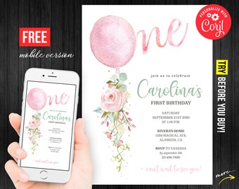 Baby Girl First Birthday Invitation Printable Mobile Electronic Pink Balloon First Invitation Editable Template Instant Download Digital