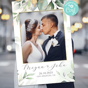 Wedding Photo Booth Frame Prop Decor Wedding Decoration Digital Editable Template Printable Digital Greenery Gold Eucalyptus Leaves Corjl