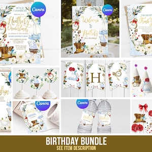 Op de afbeelding: Een printbare verjaardagsfeestbundel met een fantasierijk Alice in Wonderland-thema. De set bevat uitnodigingen, een welkomstbord, cupcaketoppers, een banner, feestmutsen, waterfleslabels en een bord met de tekst "Qualiteiten". Het ontwerp heeft een witte achtergrond met bloemmotieven, gouden letters en illustraties van Alice, de Hoedenmaker en andere personages uit het verhaal.