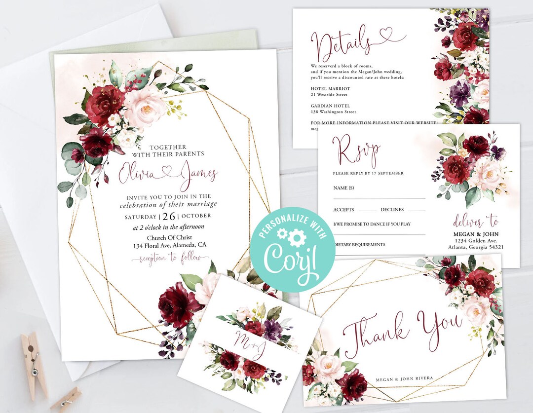 Wedding Invitation Suite Templates Set RSVP, Thank You Card, Favor Tag