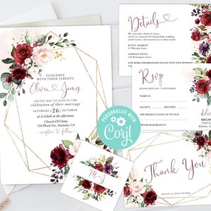 Wedding Invitation Suite Templates Set RSVP, Thank You Card, Favor Tag, Details Marsala Blush Burgundy Soft Pink Roses Flower Watercolor