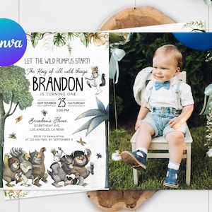 Where The Wild Things Are First Birthday Invitation Card Photo Picture Let the Wild Rumpus Start Invite Editable Template Digital Printable