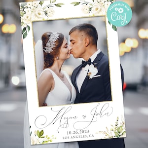 Wedding Photo Booth Frame Prop Decor White Roses Wedding Decoration Greenery Digital Editable Template Printable Instant Download Digital