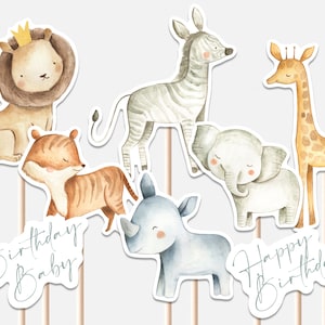 Wild One First Birthday Centerpieces Boho Safari Animals Party Cute Lion Tiger Zebra Rhino Decor Cutouts Cake Topper Printable Digital