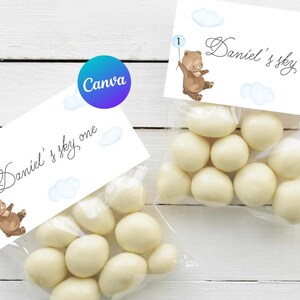 May include: A white favour bag with a blue and white design featuring a cartoon bear holding a balloon. The bag has a label that says "Daniel's sky one".