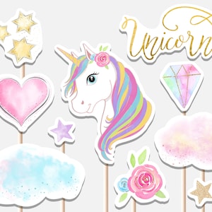 Unicorn Centerpieces Birthday Party Decoration Cutouts Girl Gold and Pink Roses Magical Party Stars Cake Topper Decor Printable Digital